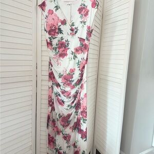 In Bloom Pink and Green Ruched Sheath Dress V-Neck Wedding Guest